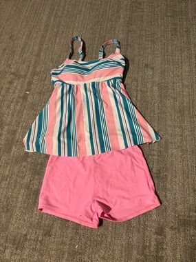 Striped Pink & Teal Tankini Top with Pink Swim Shorts